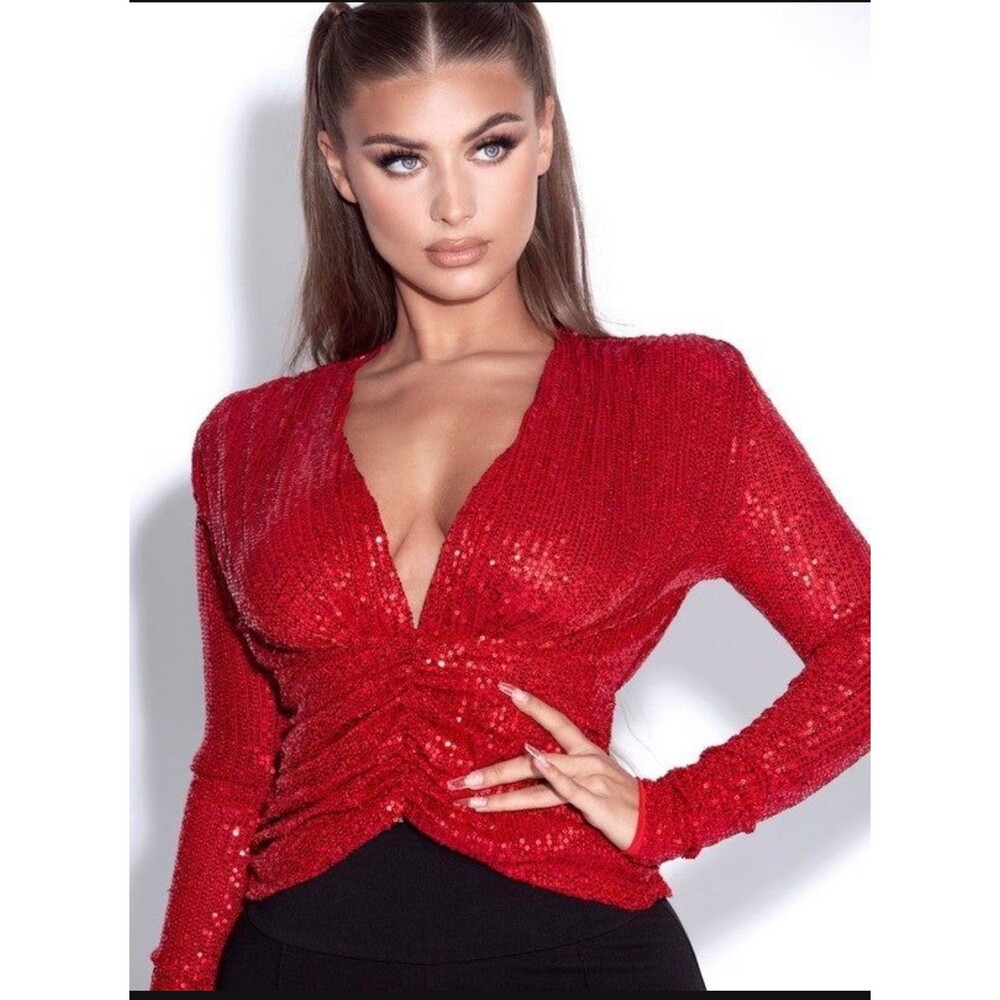 RED SEQUINED LONG SLEEVE TOP